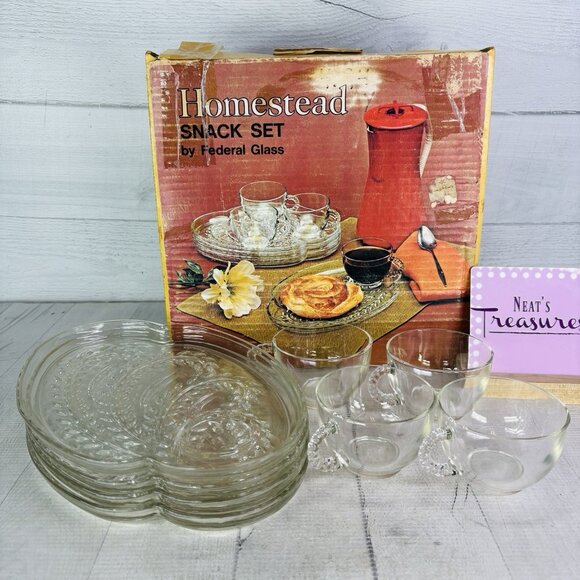 MCM Federal Glass HOMESTEAD Plant Design Clear 4 Cups 4 Plates Snack Plate Set - Picture 1 of 16